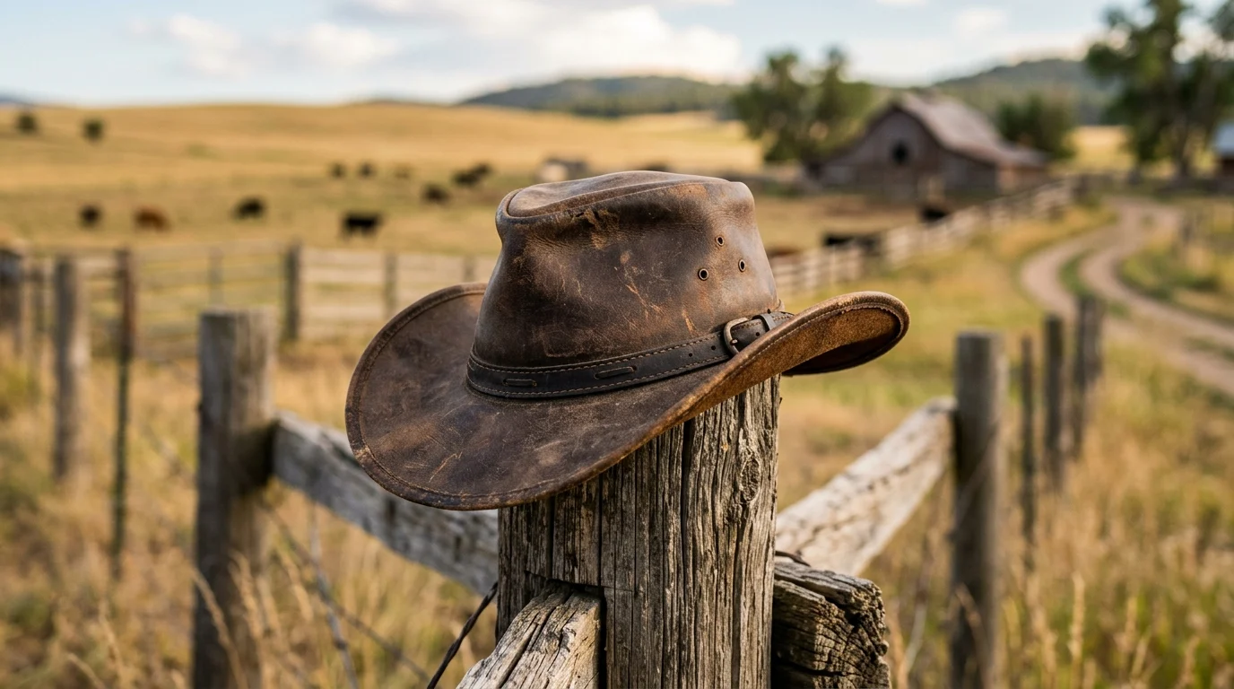 A leather cowboy hat sitting on a rustic fence.