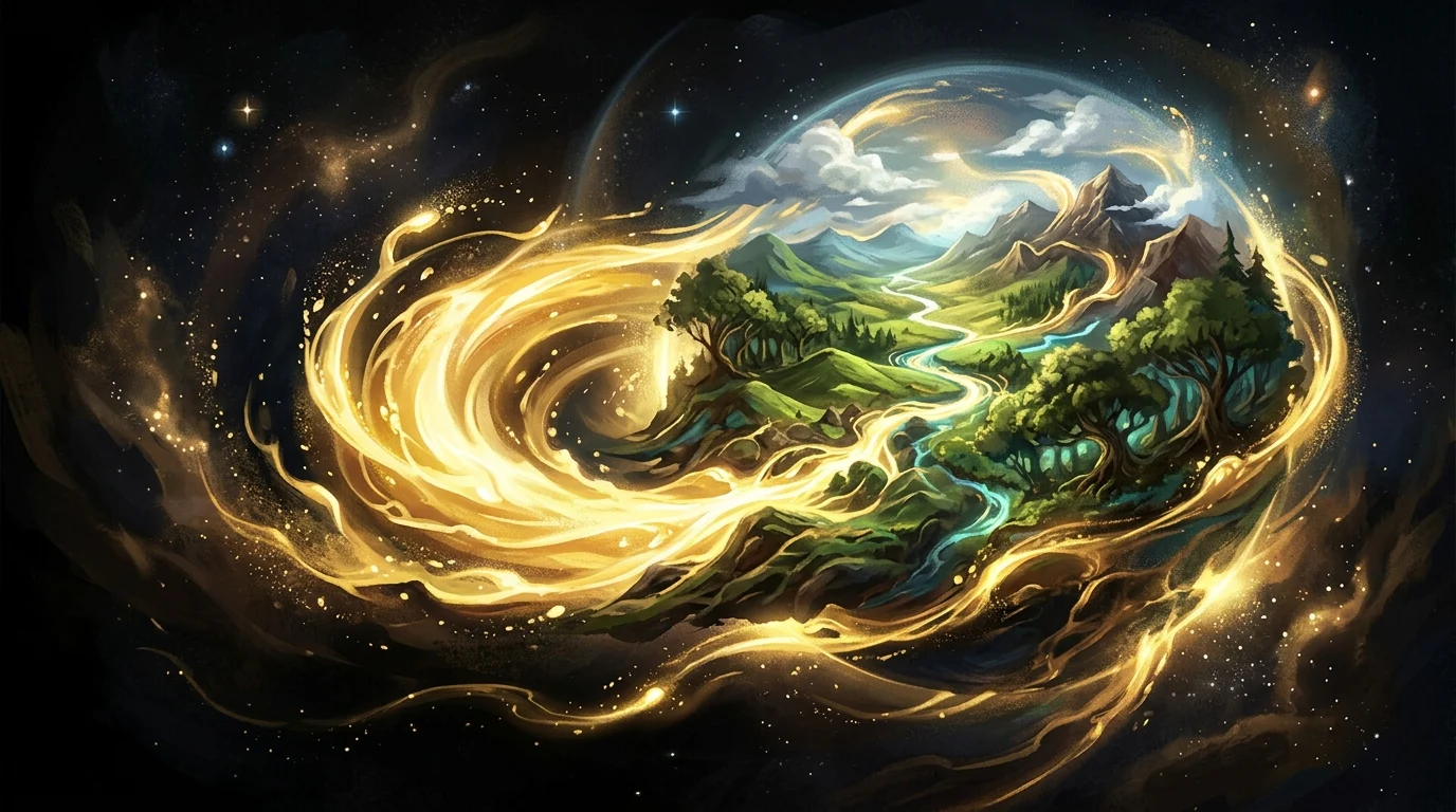 Abstract visualization of a magical world being created from light.