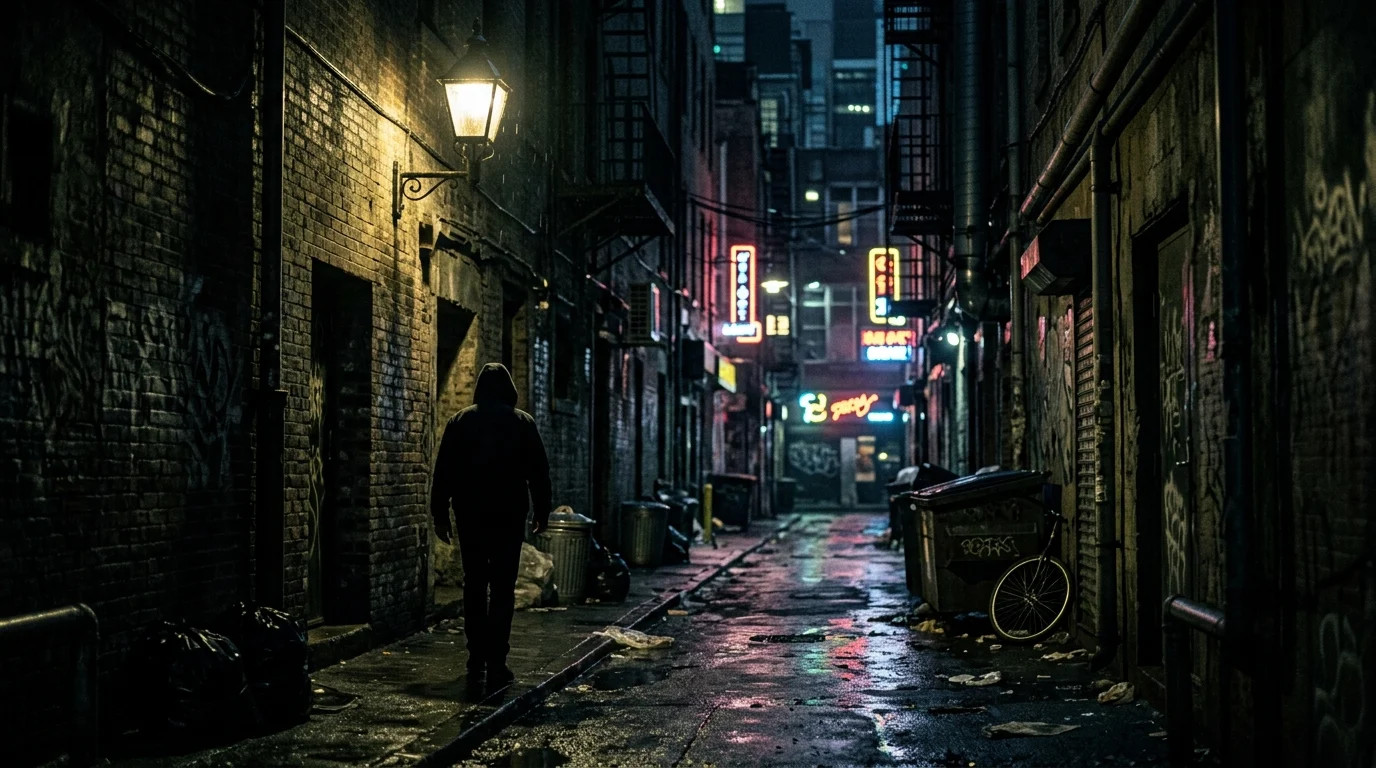 A dark alleyway with dramatic lighting typical of a crime thriller.