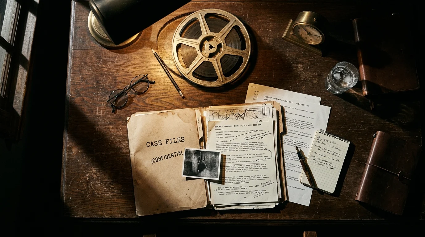 A noir-style desk with film reels and case files under a desk lamp.