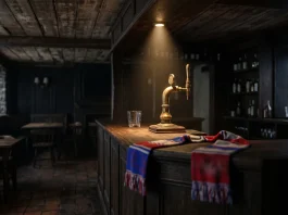 A conceptual image of an empty English pub bar with a single football scarf.