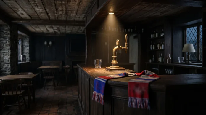A conceptual image of an empty English pub bar with a single football scarf.
