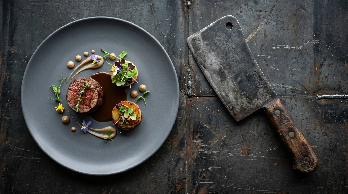 A gourmet meal next to a cleaver on a dark surface.