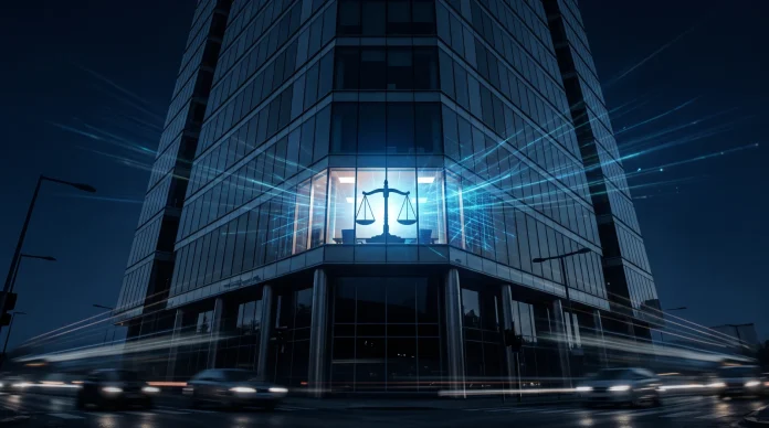 cupertino-series-tech-legal-concept A silhouette of legal scales inside a modern glass skyscraper with a digital grid background.