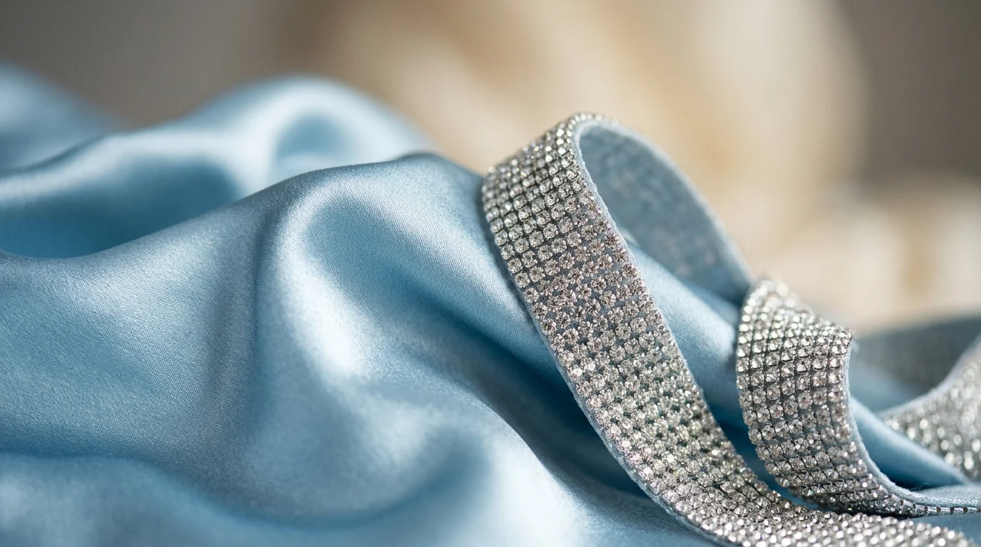 Close-up of icy-blue silk and crystal ribbon details.