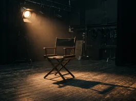 A conceptual image of an empty director's chair in a dimly lit cinematic studio environment.