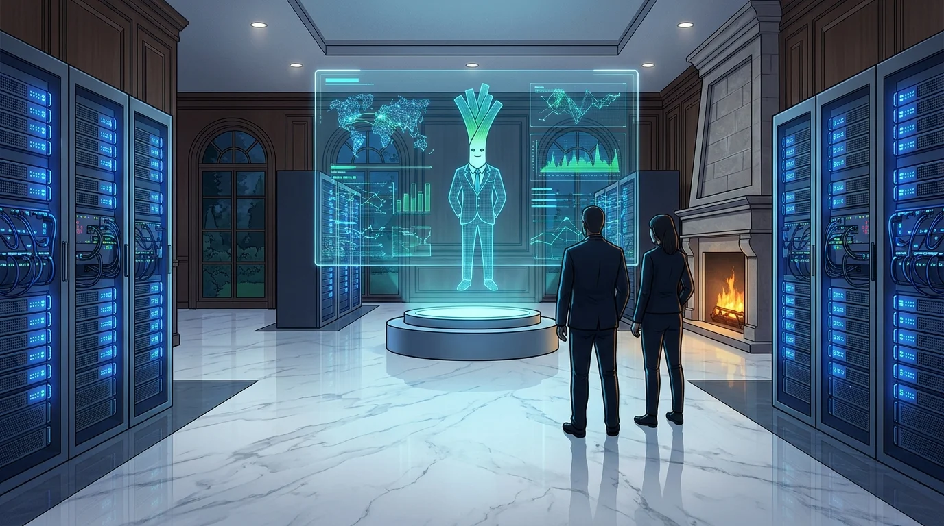 A digital server room with a holographic display of a character avatar.