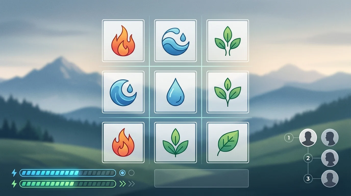 Conceptual interface showing elemental symbols and turn-based battle elements.