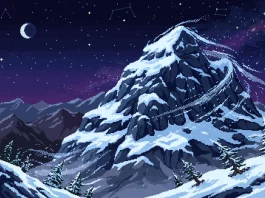 A pixel art representation of a snowy mountain peak at night.