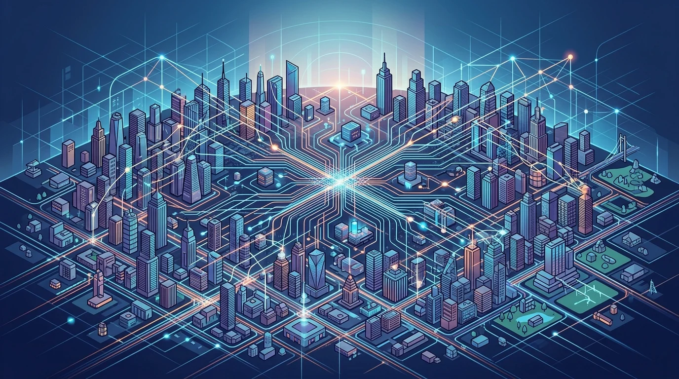 A conceptual web of data lines over a digital city representing a surveillance dragnet.