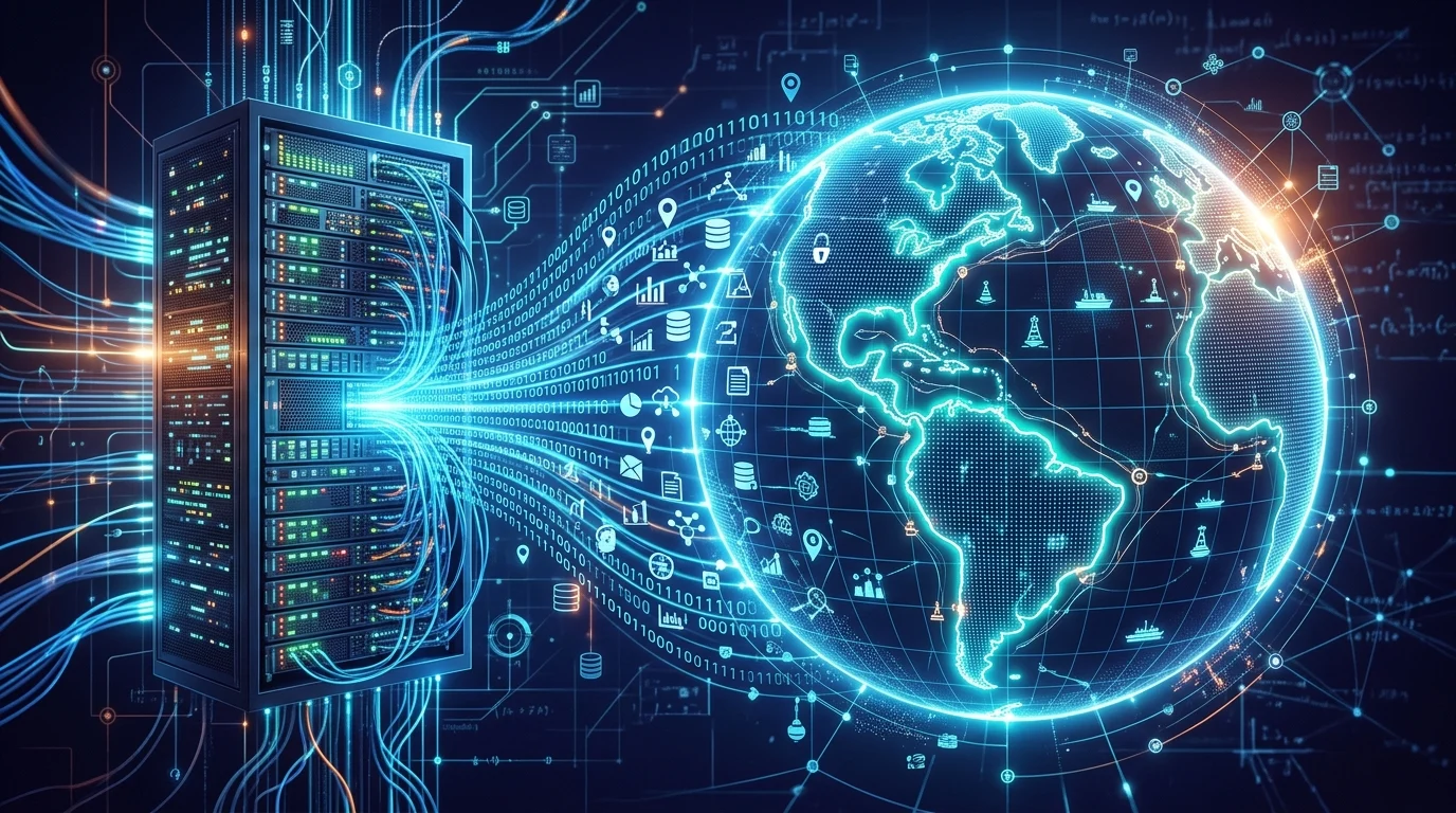 Conceptual image of server data syncing with a digital globe.