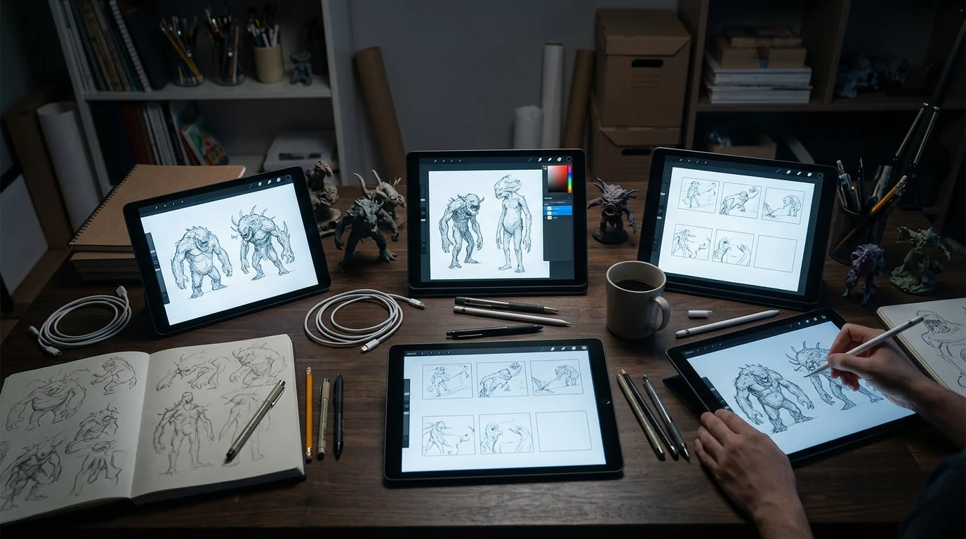 Animation production desk with monster sketches.