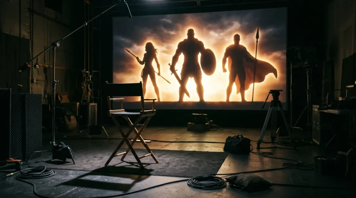 Conceptual image of a director's chair and superhero silhouettes representing the DC Trinity.