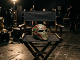 A conceptual image of a superhero mask and a director's chair under studio lights.