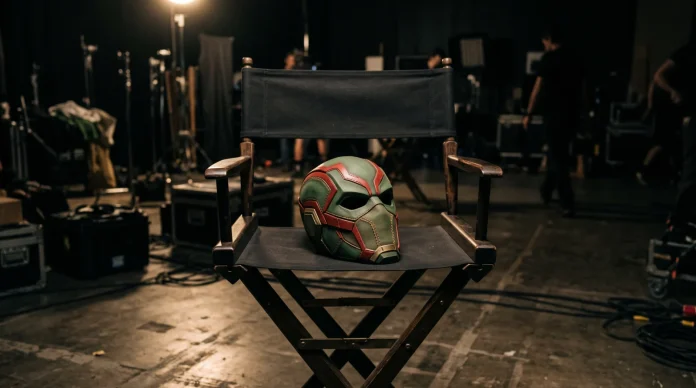 A conceptual image of a superhero mask and a director's chair under studio lights.