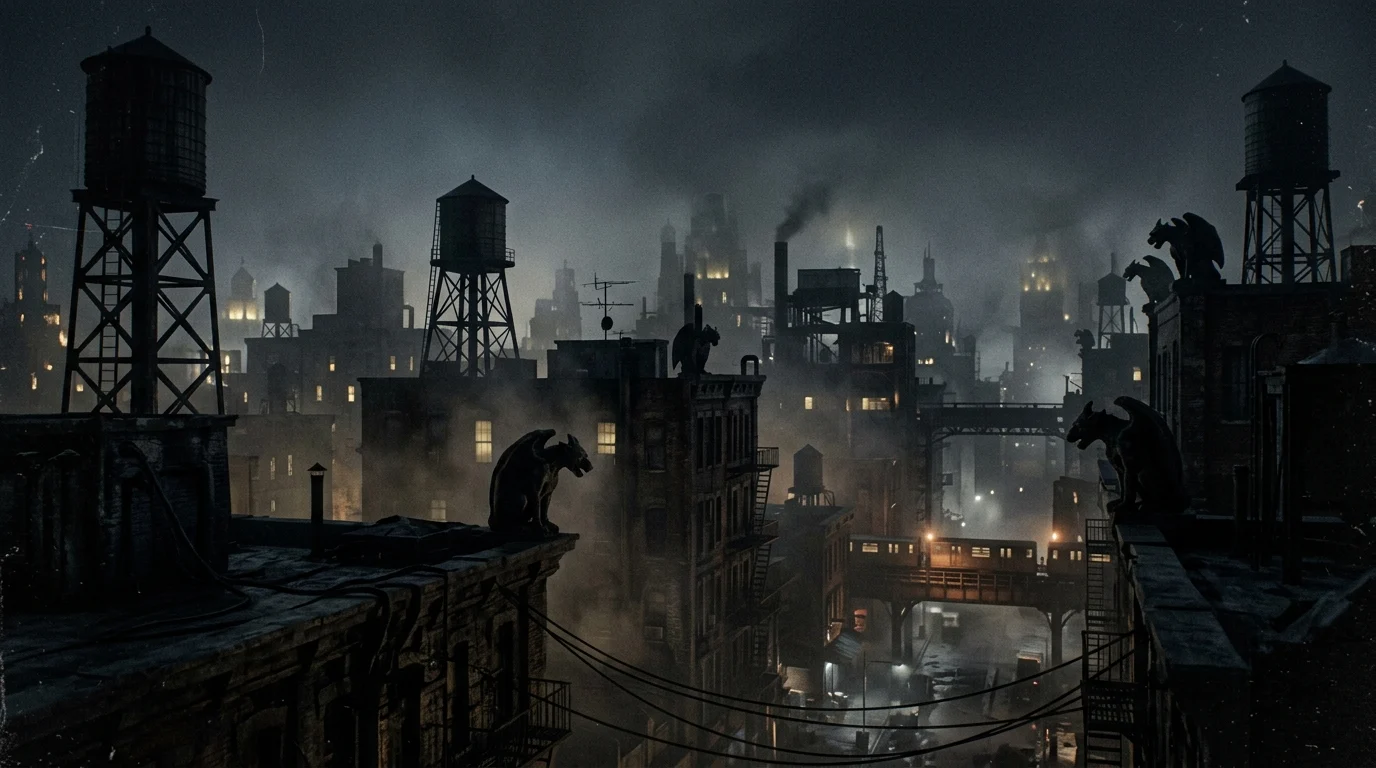 James Watkins’ Clayface to Establish DCU Gotham Ahead of Batman Debut 1 A foggy industrial skyline at night with dark silhouettes.