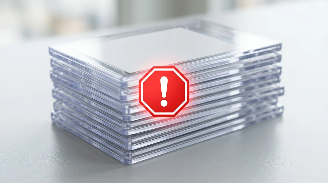 Generic plastic trading card slabs with a digital alert overlay.