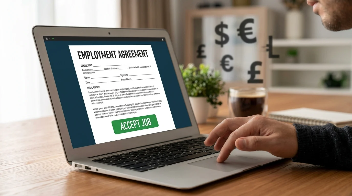 A conceptual image of a deceptive employment contract used in a money mule recruitment scheme.