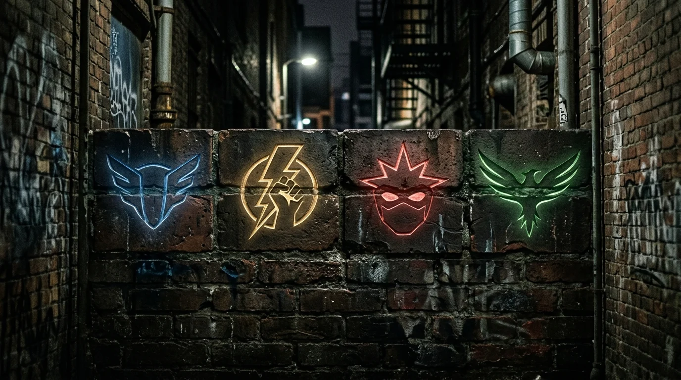 Conceptual symbols representing four heroes on a brick wall.