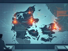 Conceptual illustration of digital data streams and warning signs over a map of Denmark representing academic cyberattacks.