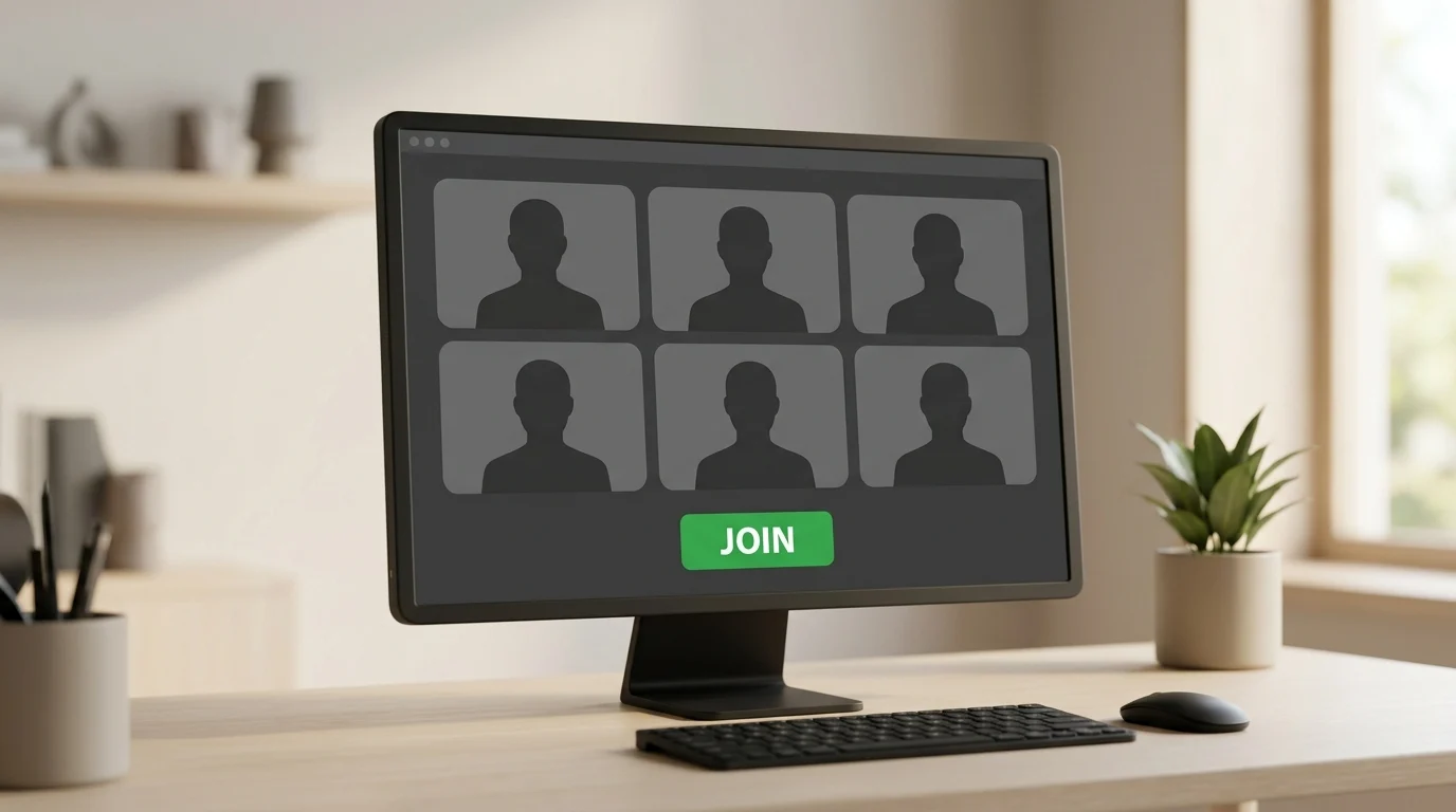WhatsApp Adds Guest Access for Group Calls Without an Account 1 A conceptual desktop computer screen displaying a video conferencing interface.