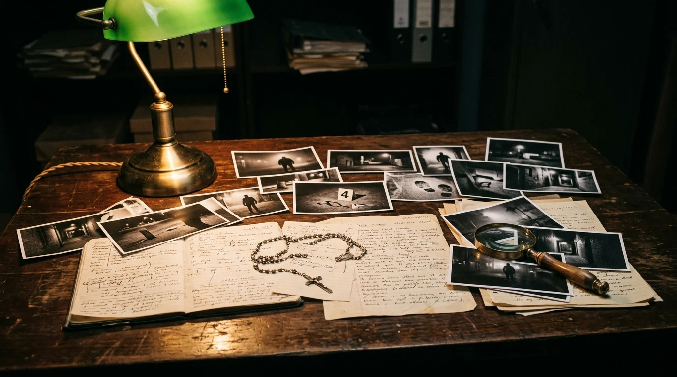 A detective's desk with forensic photos and a rosary.