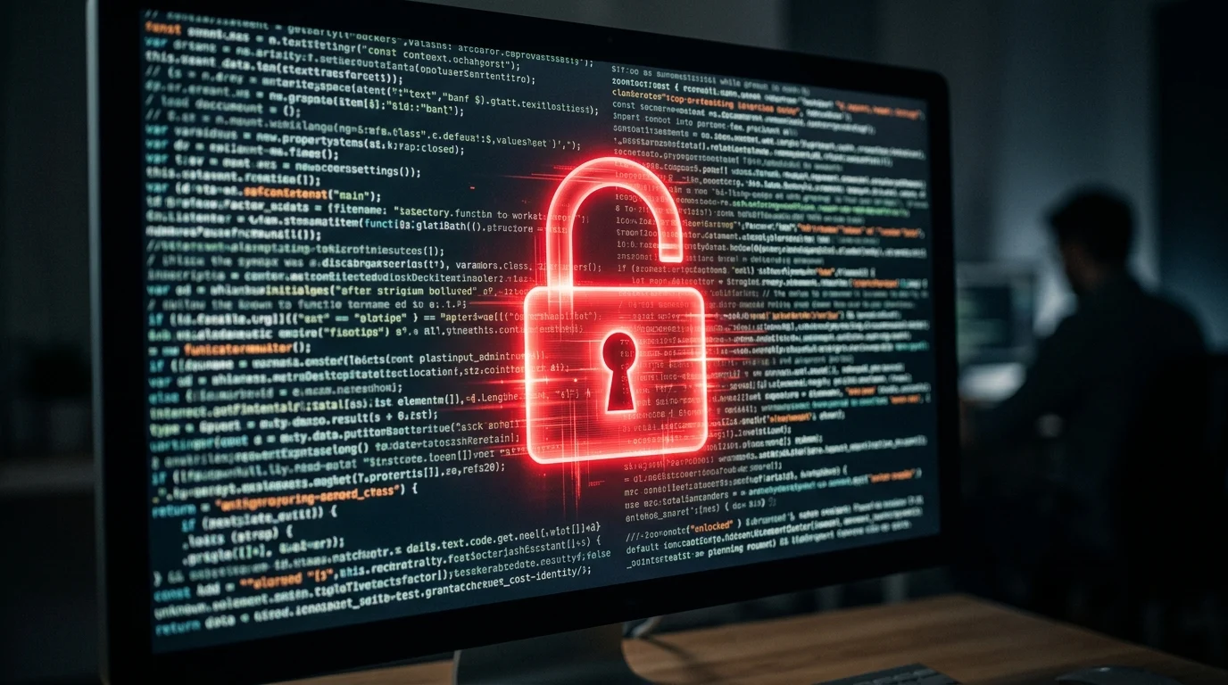 A red unlocked padlock icon overlaying computer code on a screen.
