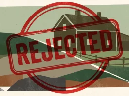 A conceptual illustration of a farm layout under a red rejection stamp.