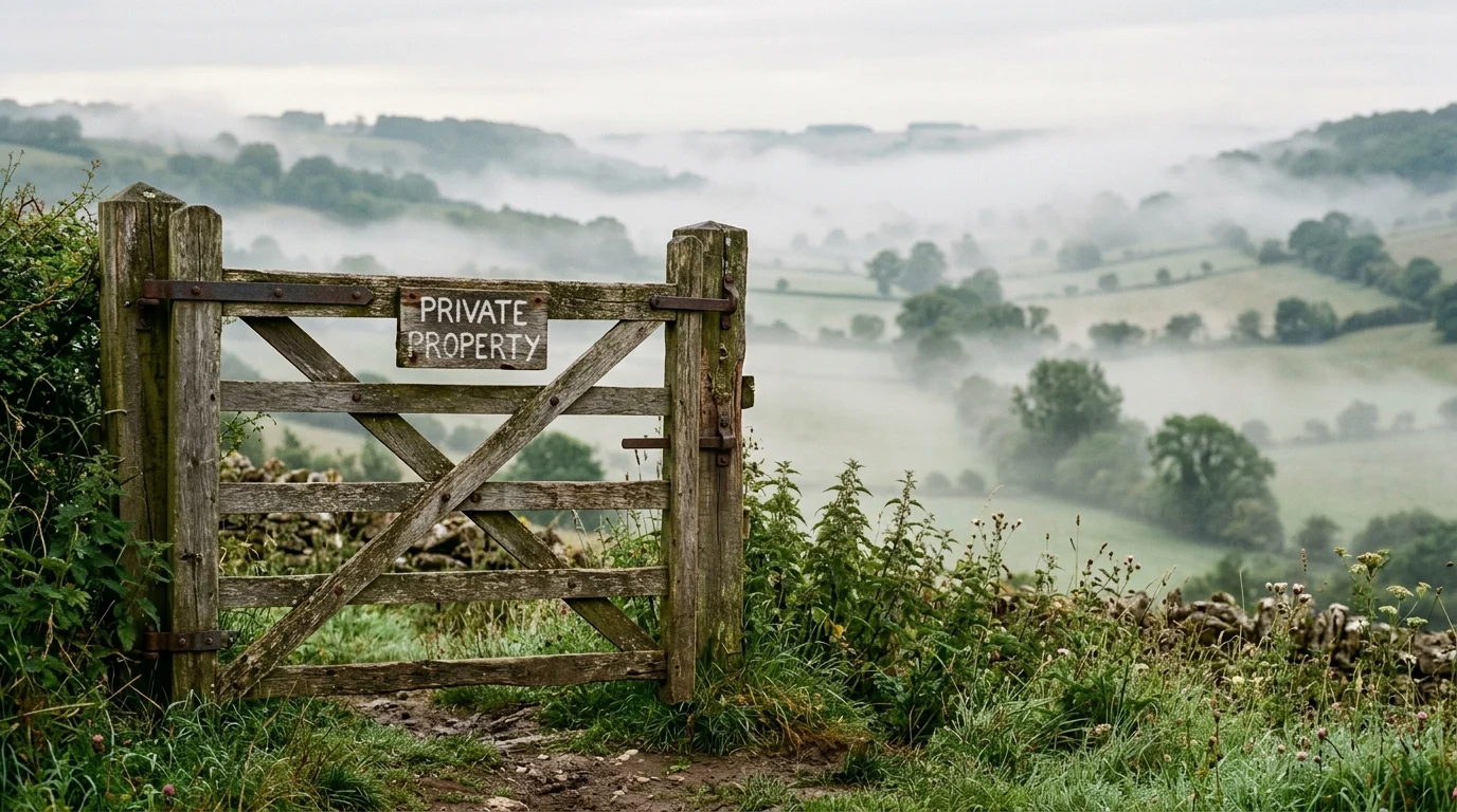 A private property sign on a rustic wooden farm gate.