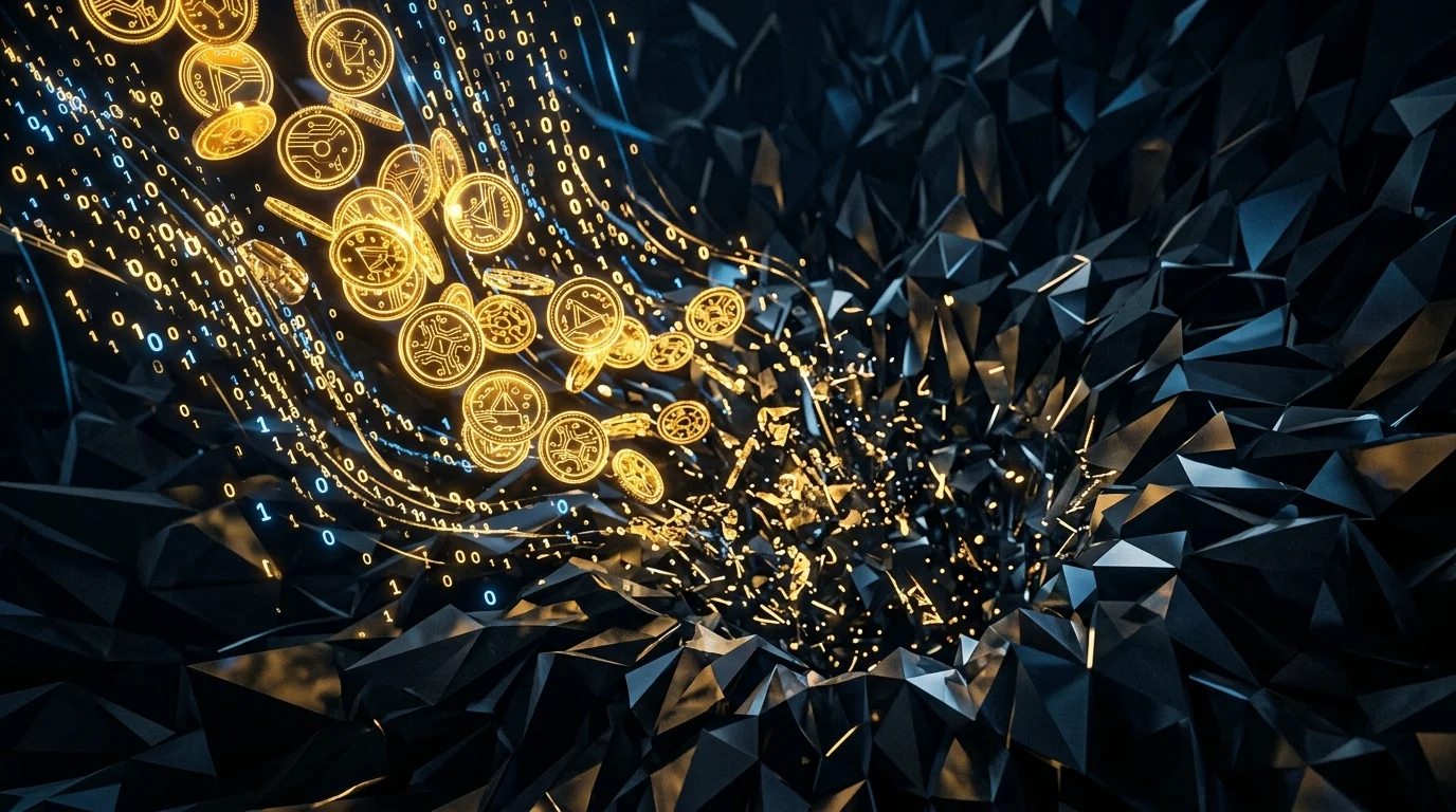 Abstract representation of digital assets and code being seized.