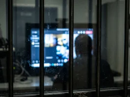 A conceptual image of a digital screen inside a high-security facility.
