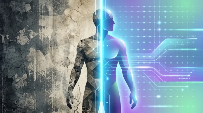 Conceptual illustration of a digital scanning beam de-aging a silhouette.