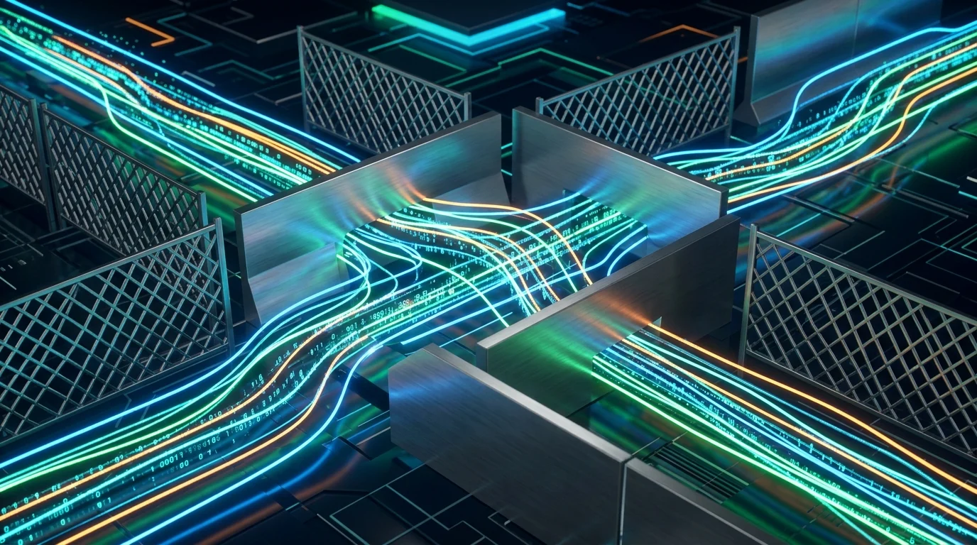 Abstract visualization of data escaping a secure perimeter.