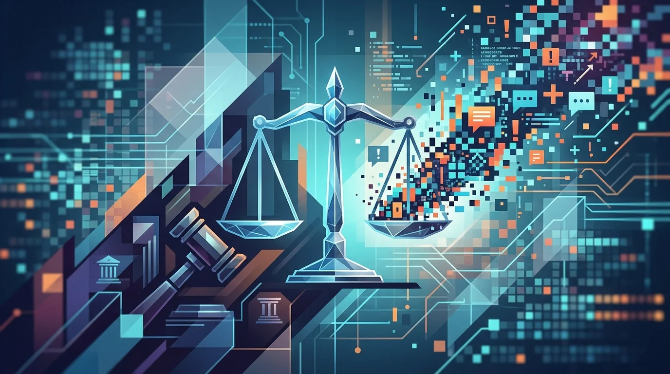 Abstract digital illustration of the scales of justice and pixelated data.