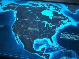A conceptual digital map interface showing highlighted water regions with changing text labels.