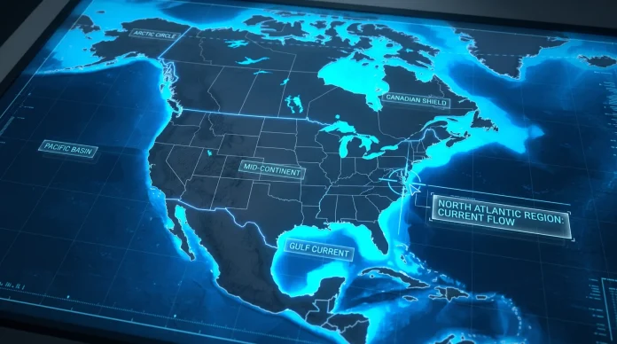 A conceptual digital map interface showing highlighted water regions with changing text labels.
