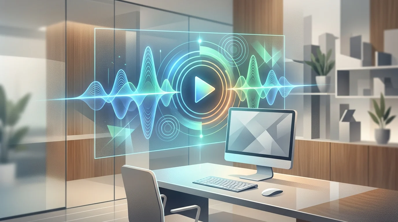 Conceptual graphic of digital sound waves and media icons.