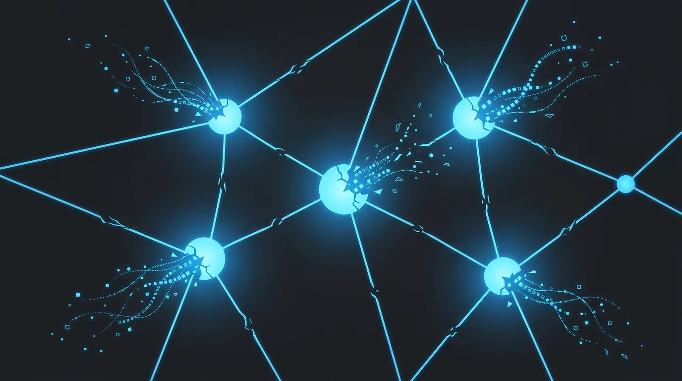 Conceptual digital network with cracks representing a tech failure.