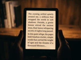 A close-up of an e-ink e-reader screen showing clear text in a warm lighting setting.