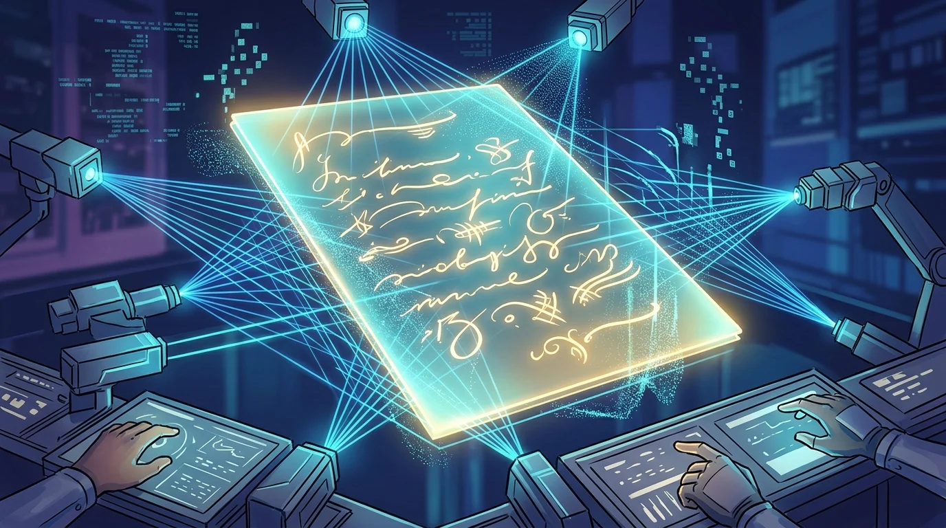 A holographic script page with digital grid overlays.