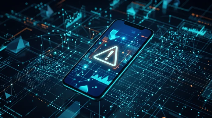 Conceptual digital security alert on a smartphone screen representing a data breach notification.