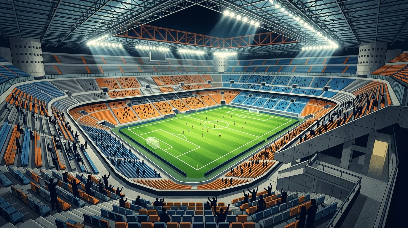 A block-style digital stadium with a soccer pitch and grandstands.
