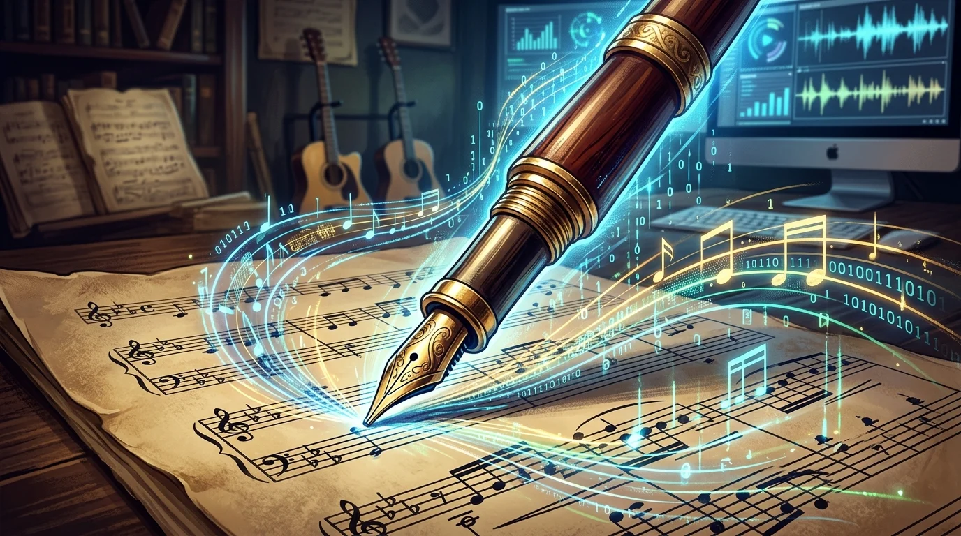 A fountain pen writing musical notes that turn into digital data
