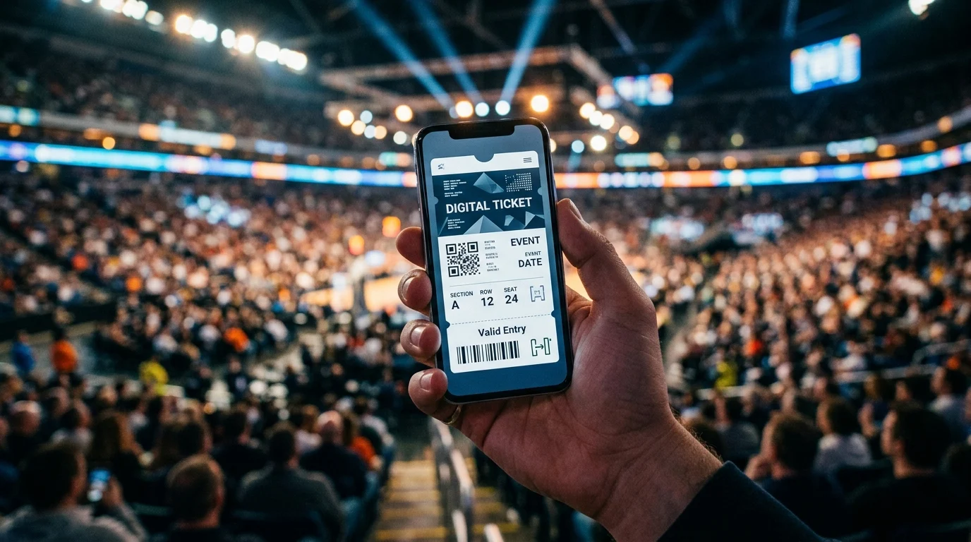 A smartphone displaying a digital game ticket in a stadium setting.
