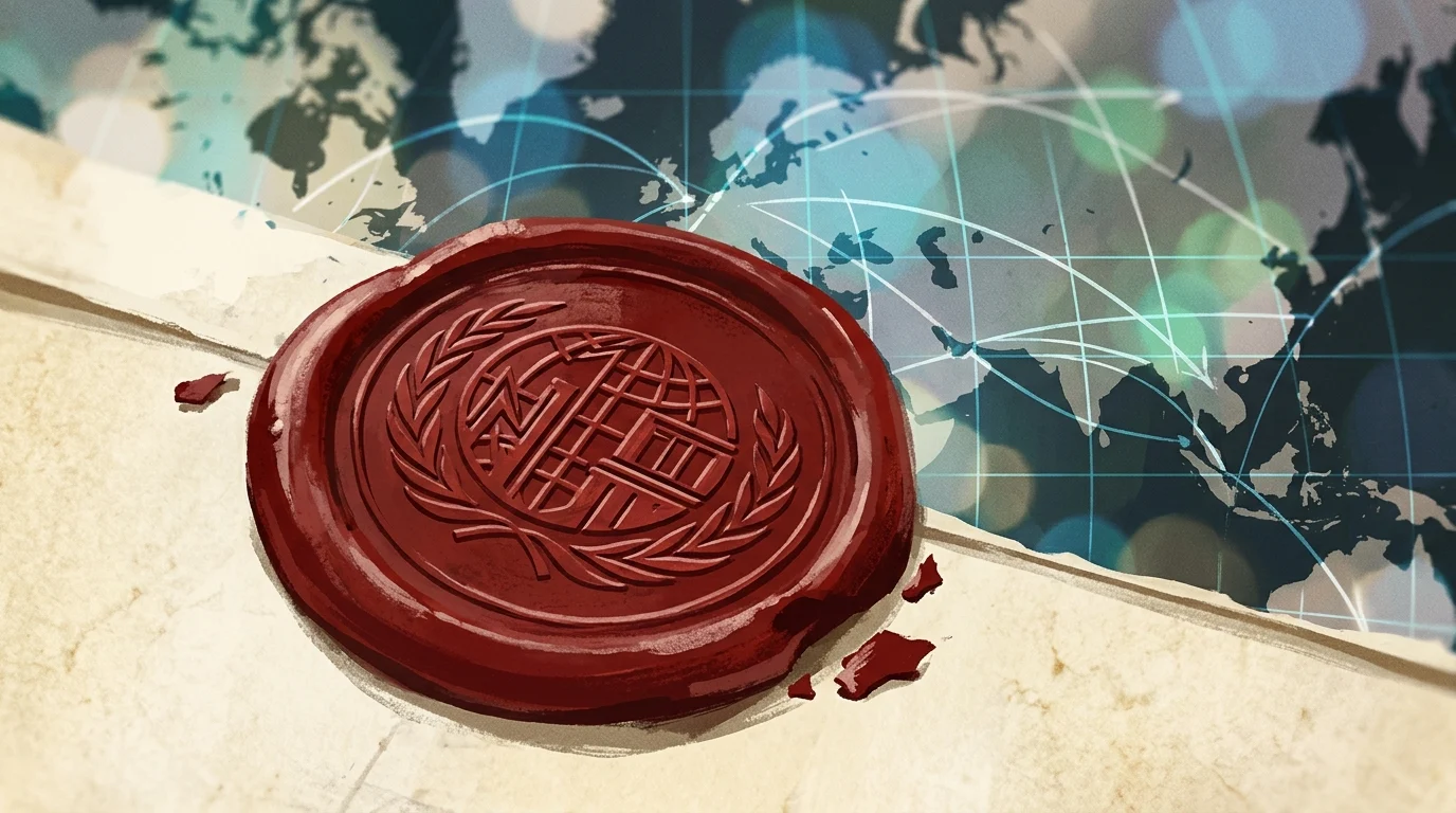 Abstract diplomatic seal and flight map imagery.