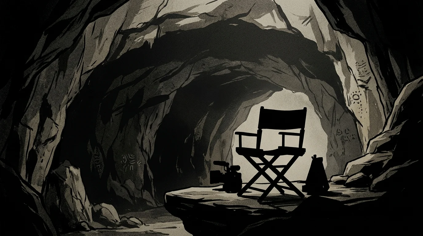 A director's chair silhouette in front of a prehistoric cave.