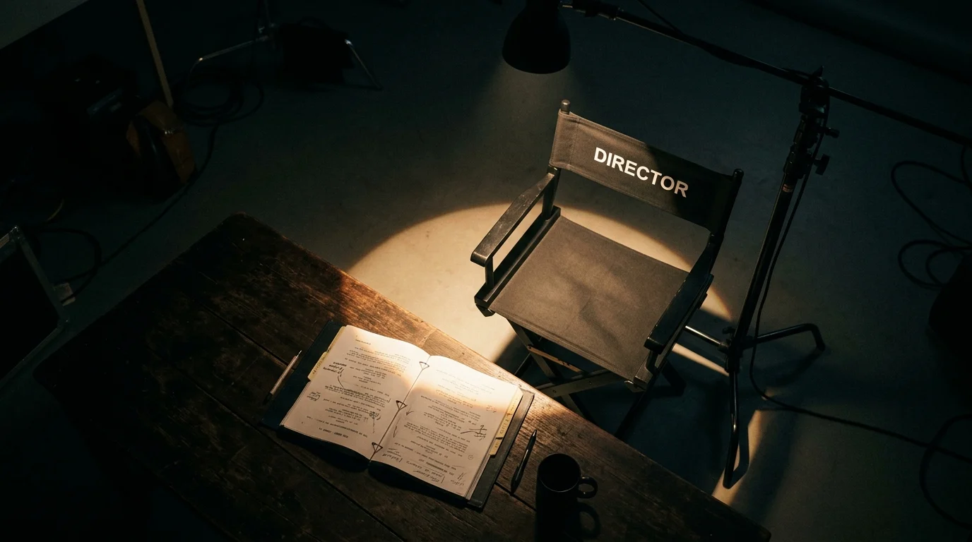 Conceptual imagery of a film director's workstation in a moody setting representing artistic collaboration.