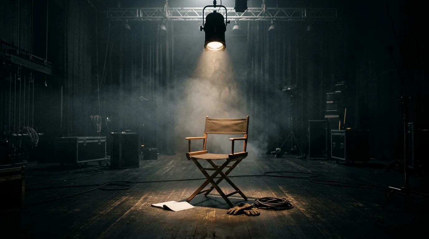 A solitary director's chair on a dark stage.