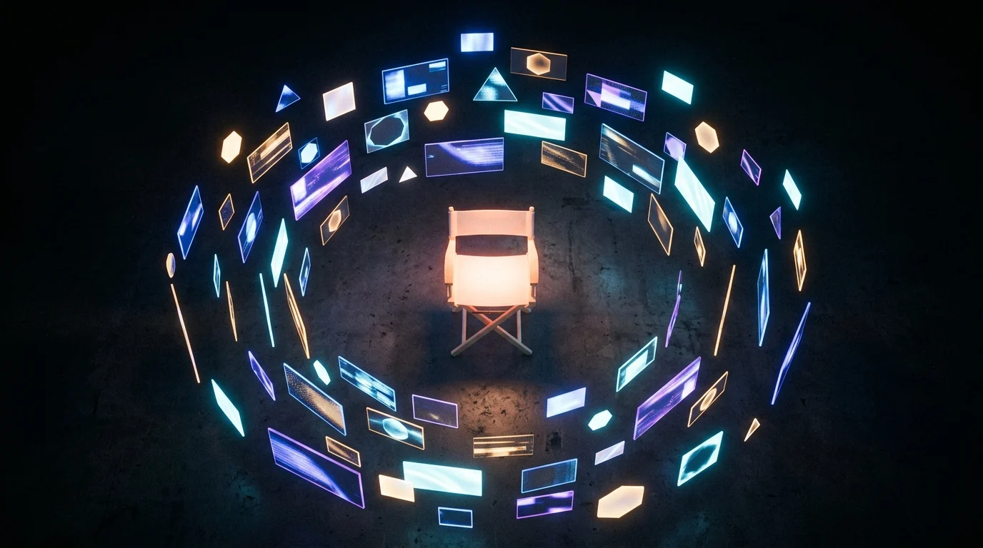 Conceptual image of a director's chair and digital screens.