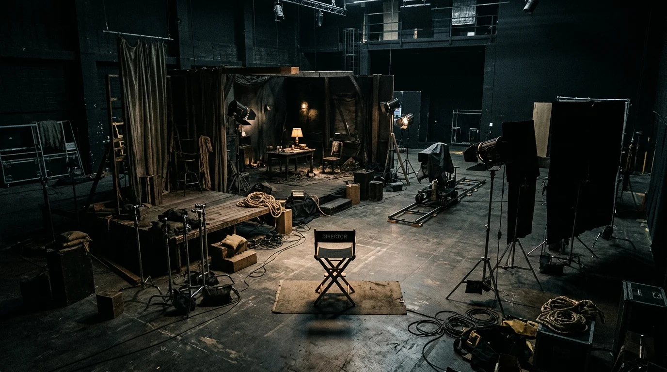 A conceptual image of an empty director's chair on a darkened film set.